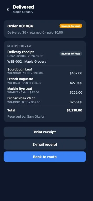 Driver app screen: the delivery receipt with the signature and the buttons to print or e-mail it