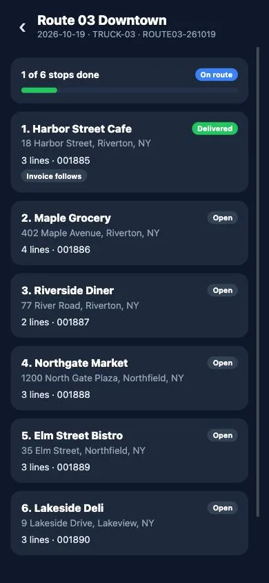 Driver app screen: the route of the day with its stops