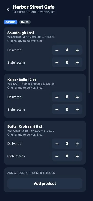 Driver app screen: a stop with the ordered products, the delivered quantities and the returns