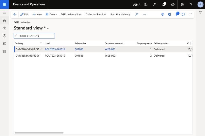 Dynamics 365 screen: the DSD deliveries of a load with their invoice numbers and posting status