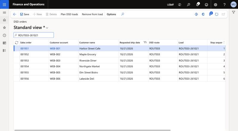 Dynamics 365 screen: the DSD orders of a day with their route, load and stop sequence