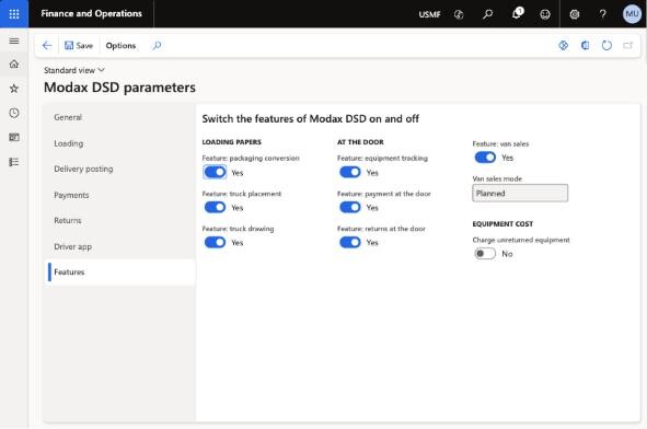 Dynamics 365 screen: the Modax DSD parameters with the posting, freezer, van sales and payment switches