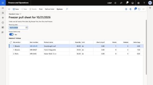 Dynamics 365 screen: the freezer pull sheet of a day with quantities per load and the lots to pull